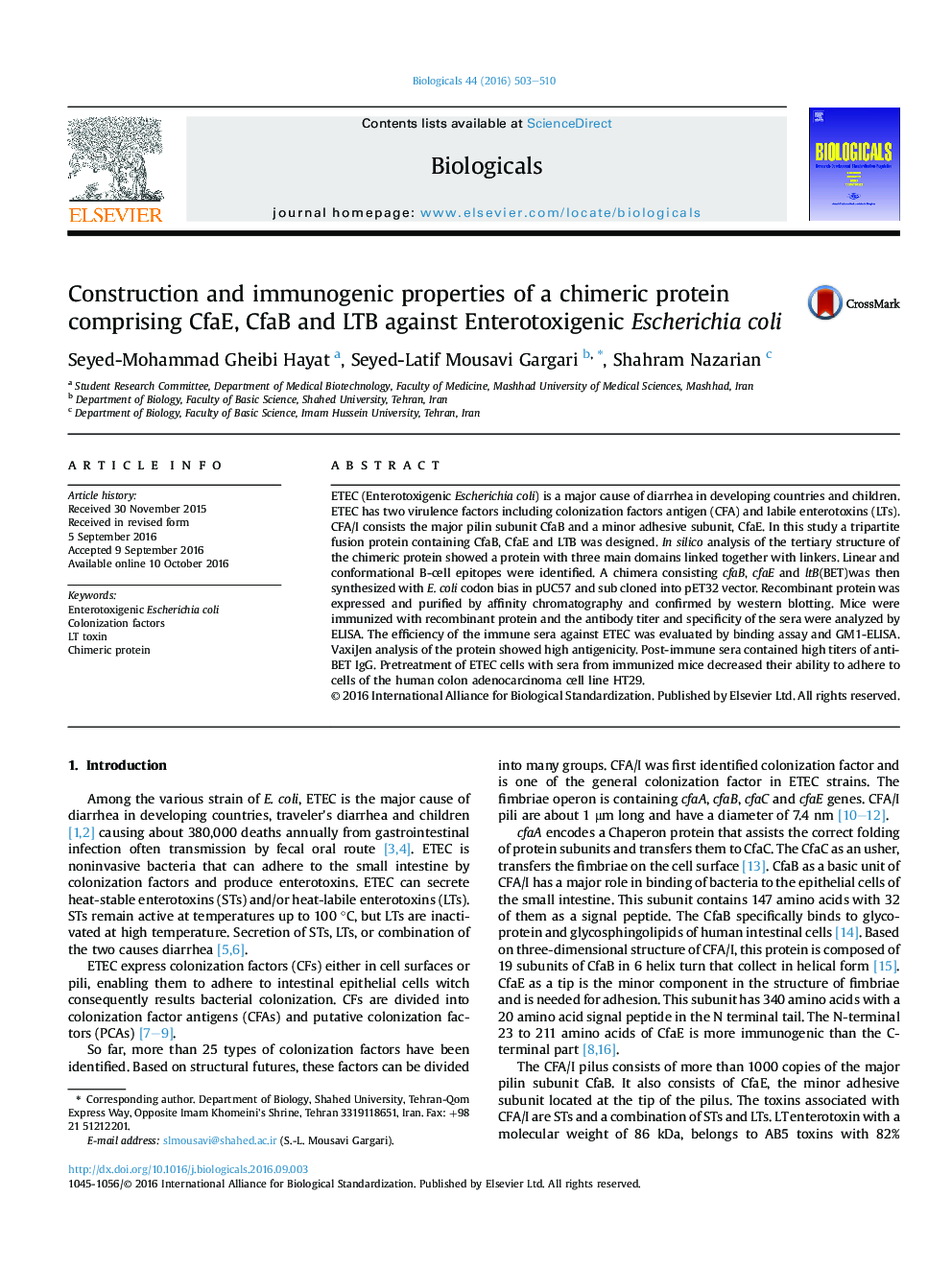 Construction and immunogenic properties of a chimeric protein comprising CfaE, CfaB and LTB against Enterotoxigenic Escherichia coli