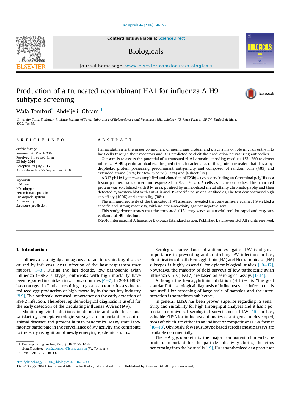 Production of a truncated recombinant HA1 for influenza A H9 subtype screening