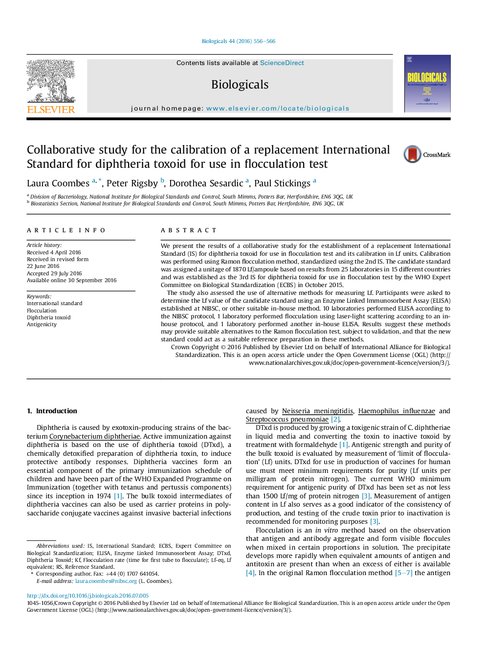 Collaborative study for the calibration of a replacement International Standard for diphtheria toxoid for use in flocculation test