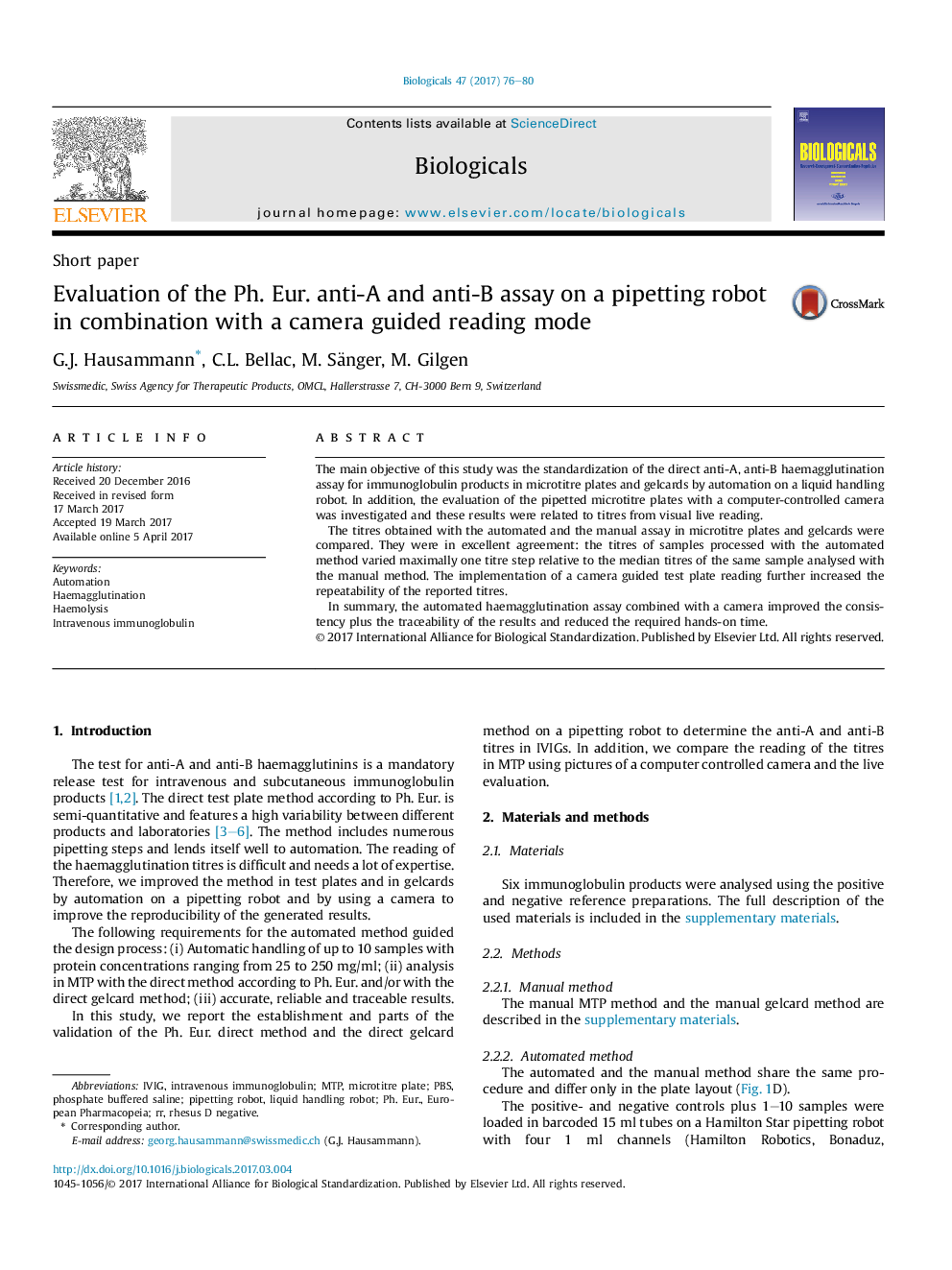 Short paperEvaluation of the Ph. Eur. anti-A and anti-B assay on a pipetting robot in combination with a camera guided reading mode