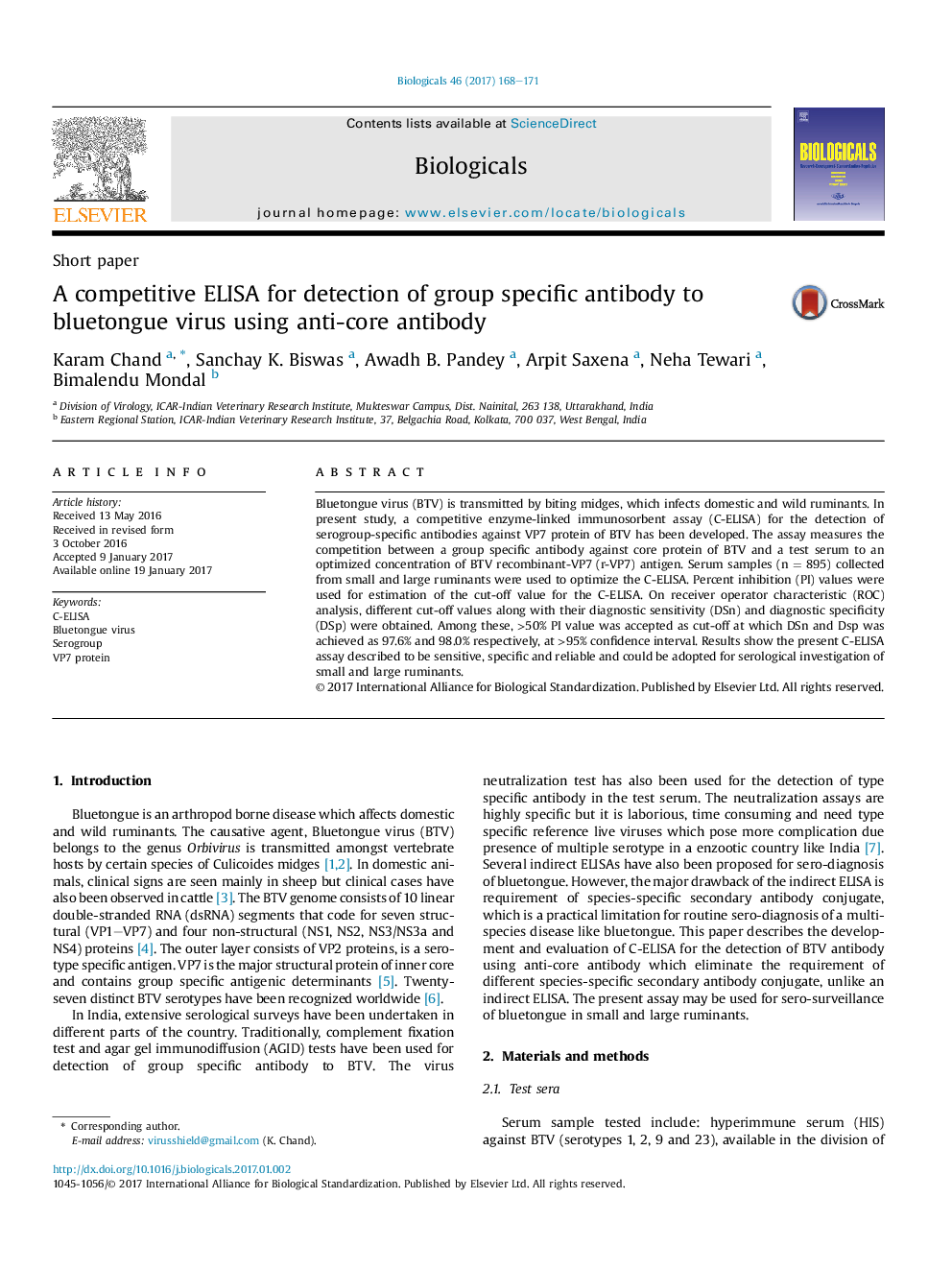 Short paperA competitive ELISA for detection of group specific antibody to bluetongue virus using anti-core antibody