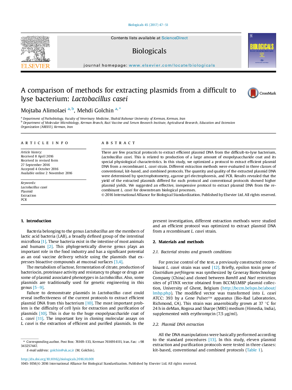 عکس صفحه اول مقاله: A comparison of methods for extracting plasmids from a difficult to lyse bacterium: Lactobacillus casei A comparison of methods for extracting plasmids from a difficult to lyse bacterium: Lactobacillus casei