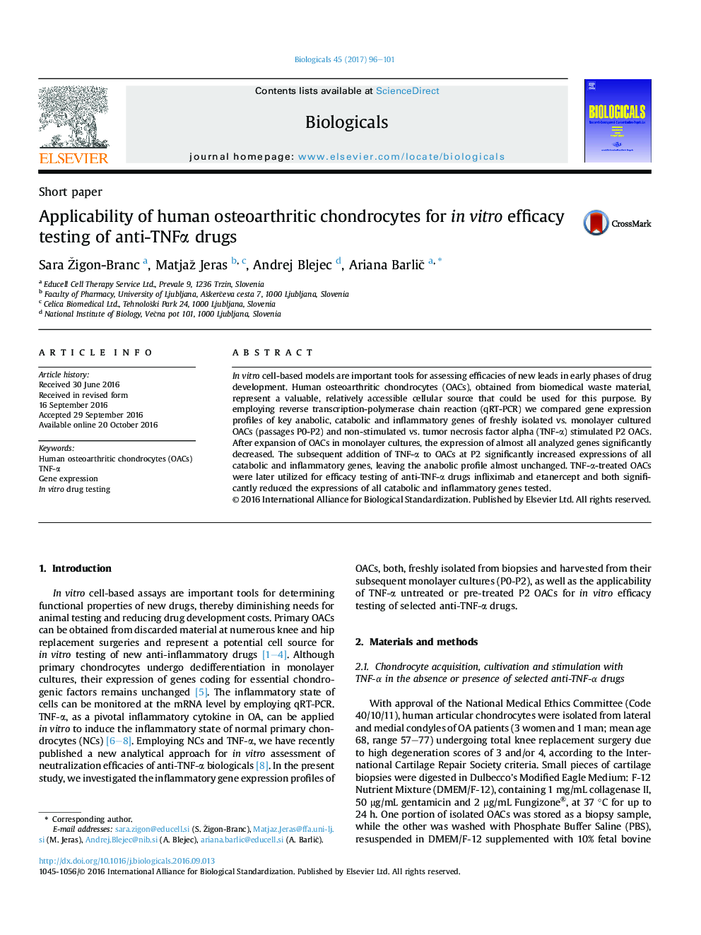 Short paperApplicability of human osteoarthritic chondrocytes for inÂ vitro efficacy testing of anti-TNFÎ± drugs