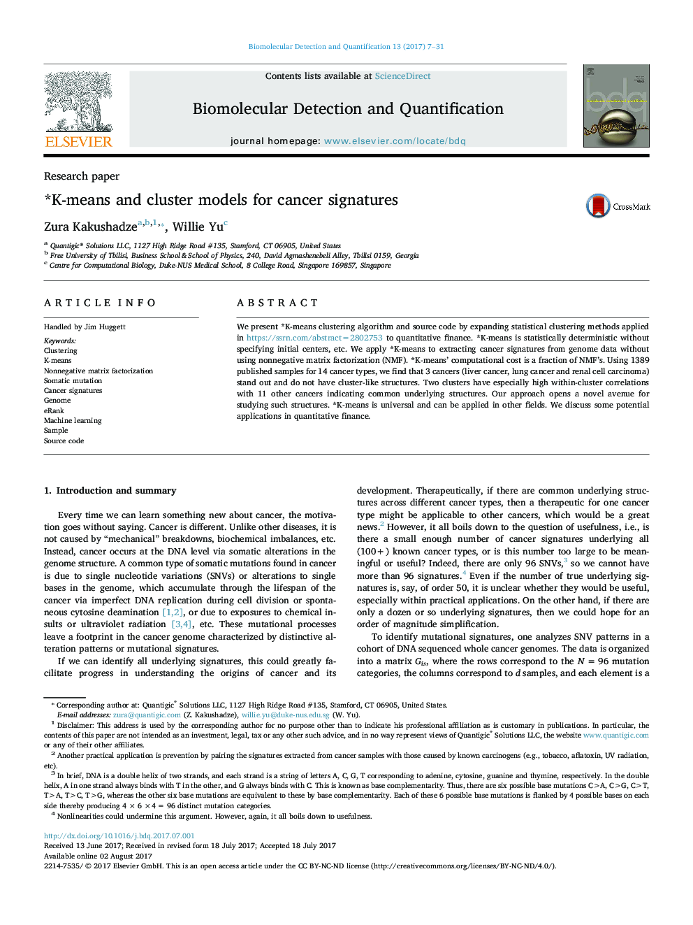 *K-means and cluster models for cancer signatures