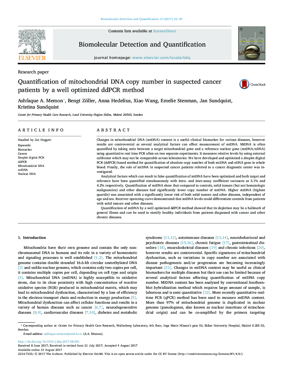 Quantification of mitochondrial DNA copy number in suspected cancer patients by a well optimized ddPCR method