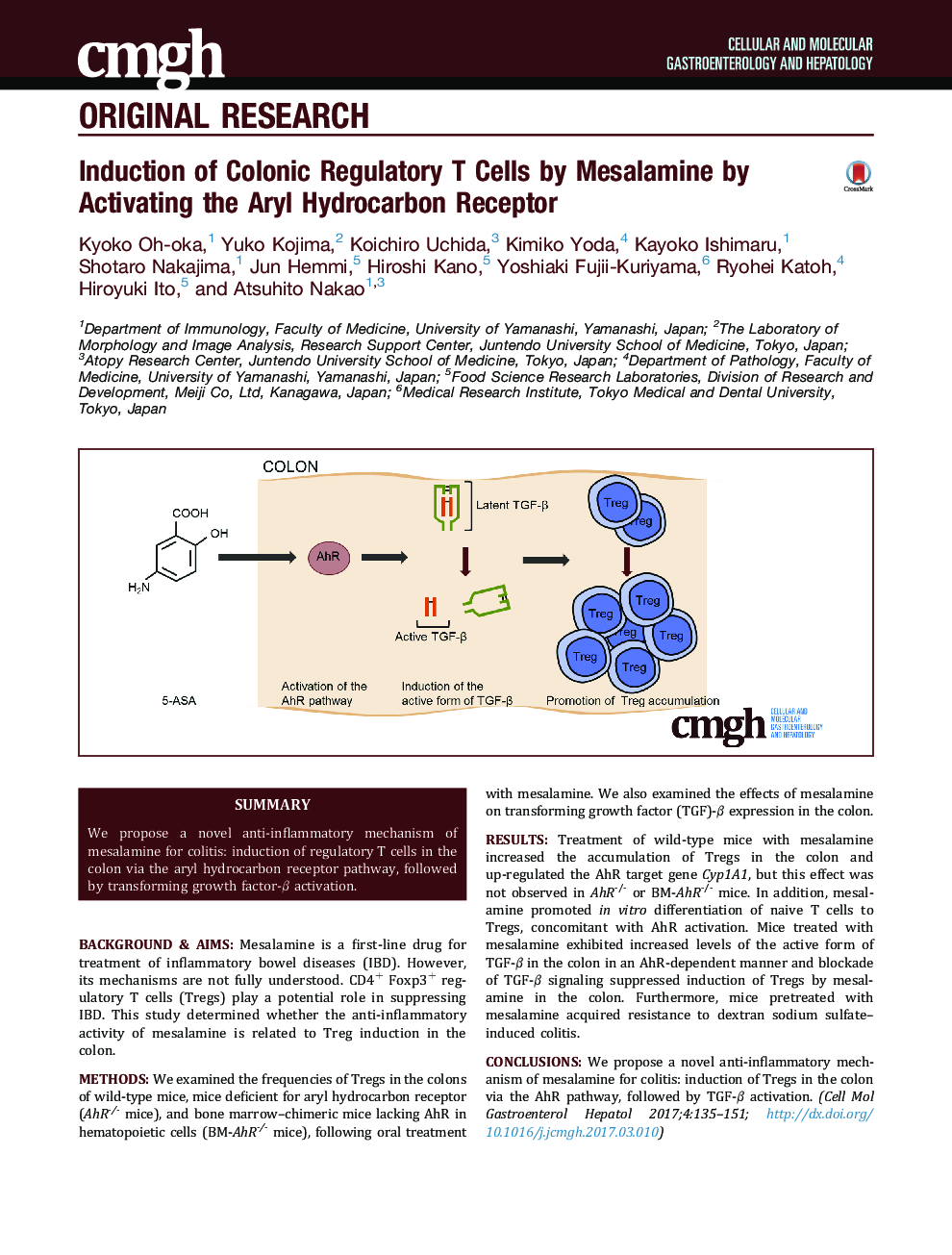 Induction of Colonic Regulatory T Cells by Mesalamine by Activating the Aryl Hydrocarbon Receptor