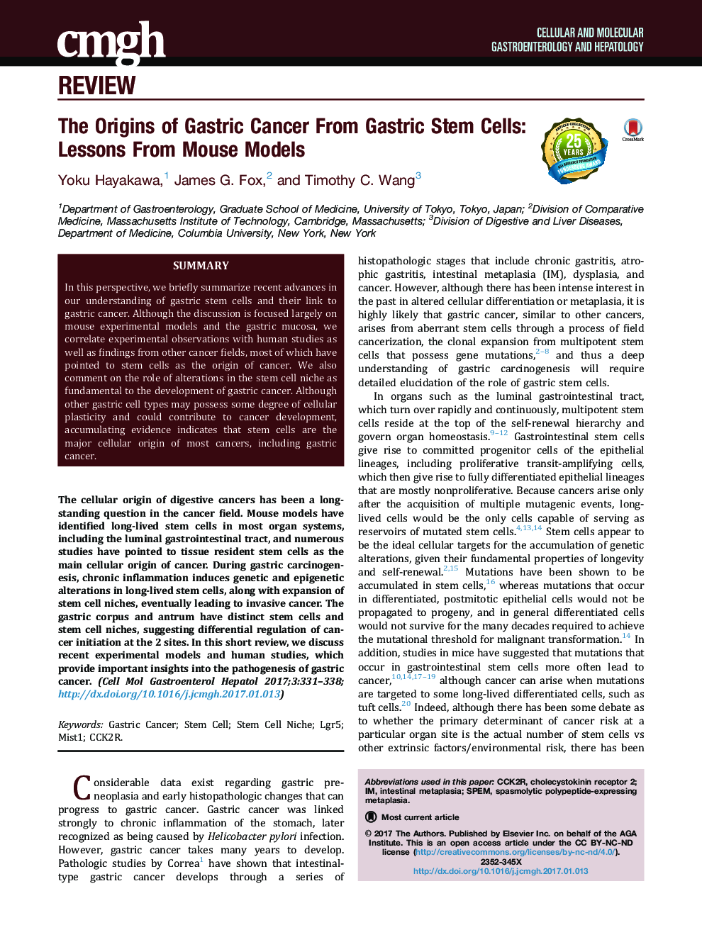 The Origins of Gastric Cancer From Gastric Stem Cells: LessonsÂ From Mouse Models