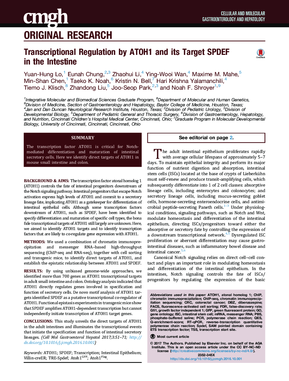 Transcriptional Regulation by ATOH1 and its Target SPDEF inÂ theÂ Intestine
