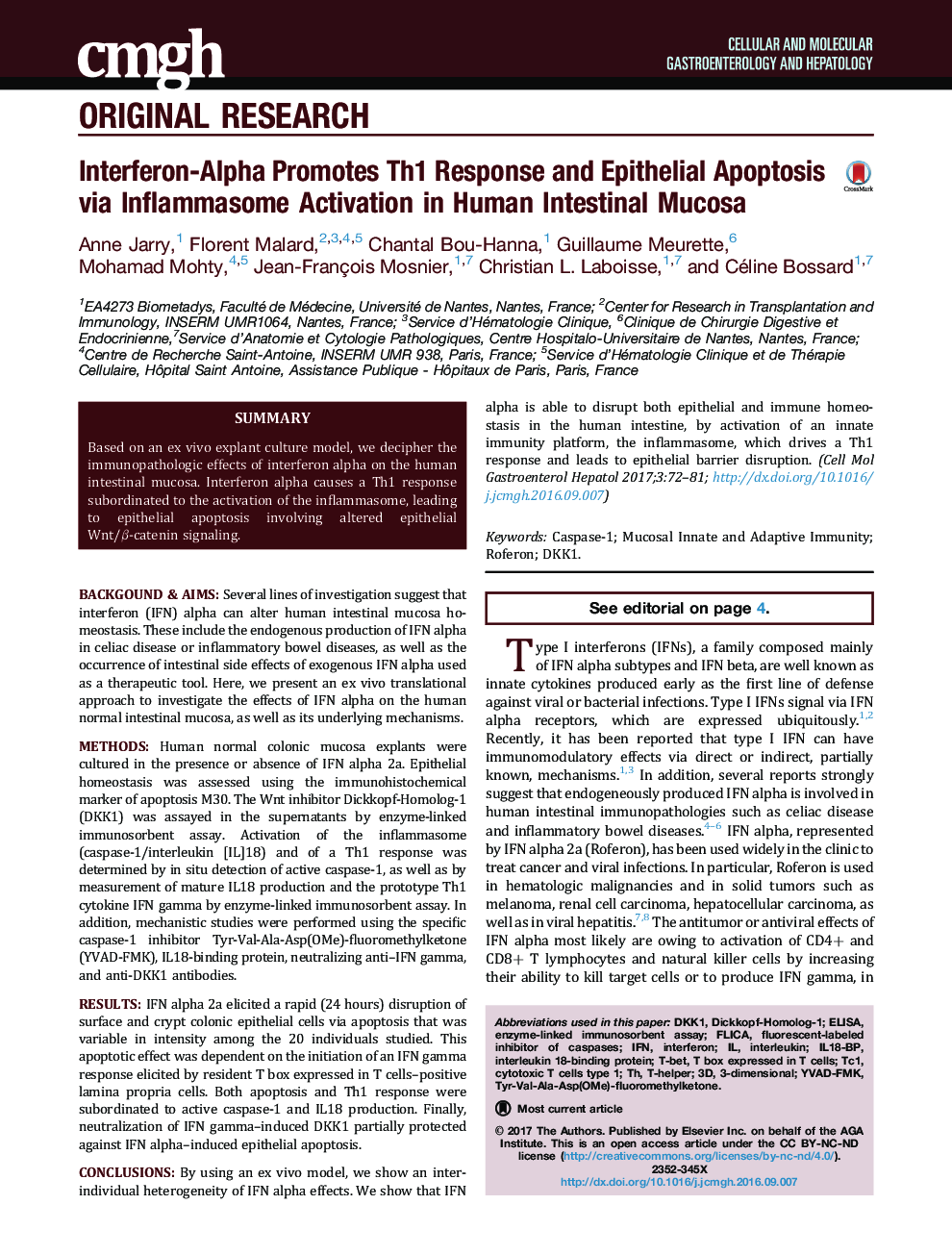 Interferon-Alpha Promotes Th1 Response and Epithelial Apoptosis via Inflammasome Activation in Human Intestinal Mucosa