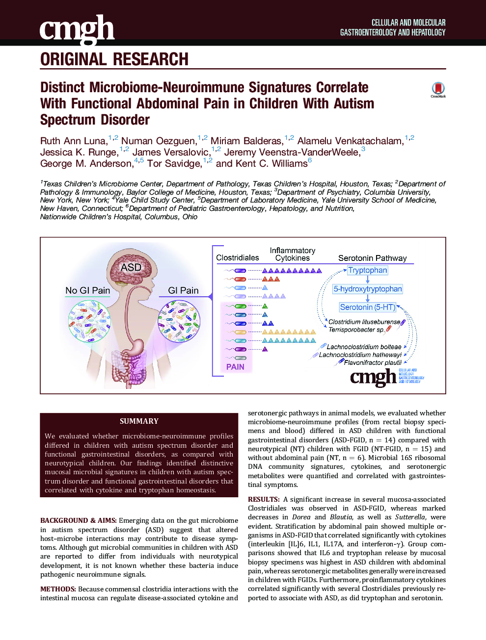 Distinct Microbiome-Neuroimmune Signatures Correlate WithÂ Functional Abdominal Pain in Children With Autism Spectrum Disorder