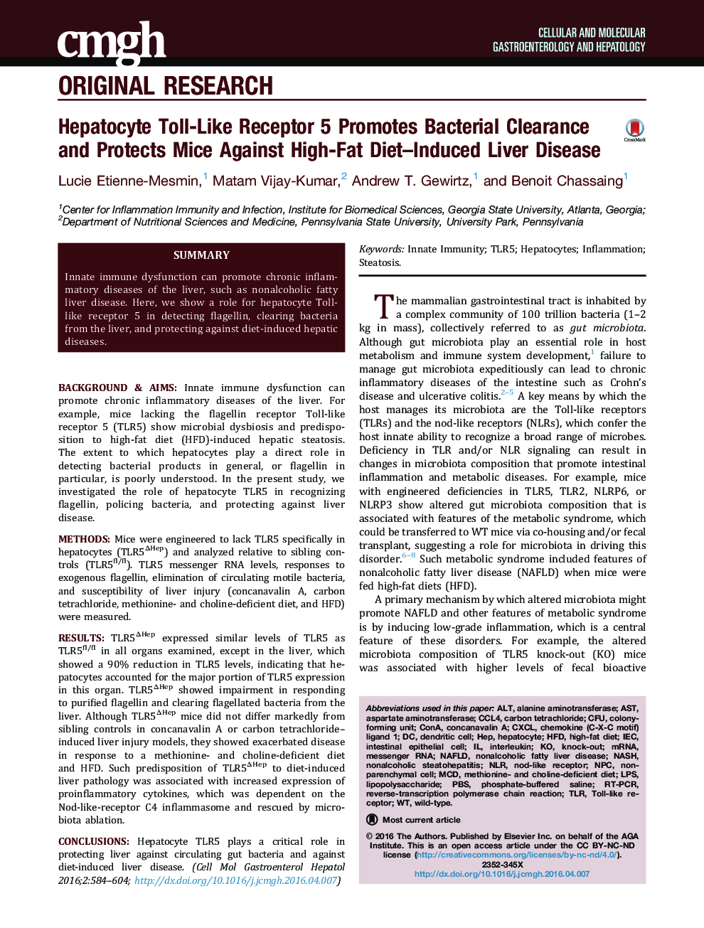 Hepatocyte Toll-Like Receptor 5 Promotes Bacterial Clearance and Protects Mice Against High-Fat Diet-Induced Liver Disease