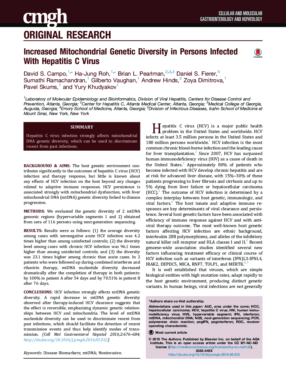 Increased Mitochondrial Genetic Diversity in Persons Infected With Hepatitis C Virus
