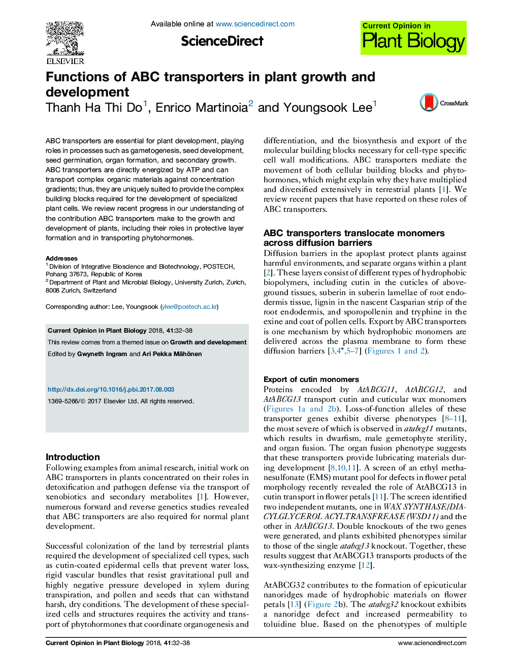 Functions of ABC transporters in plant growth and development