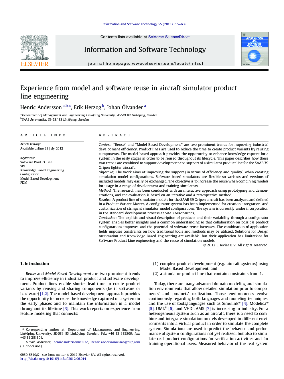 Experience from model and software reuse in aircraft simulator product line engineering