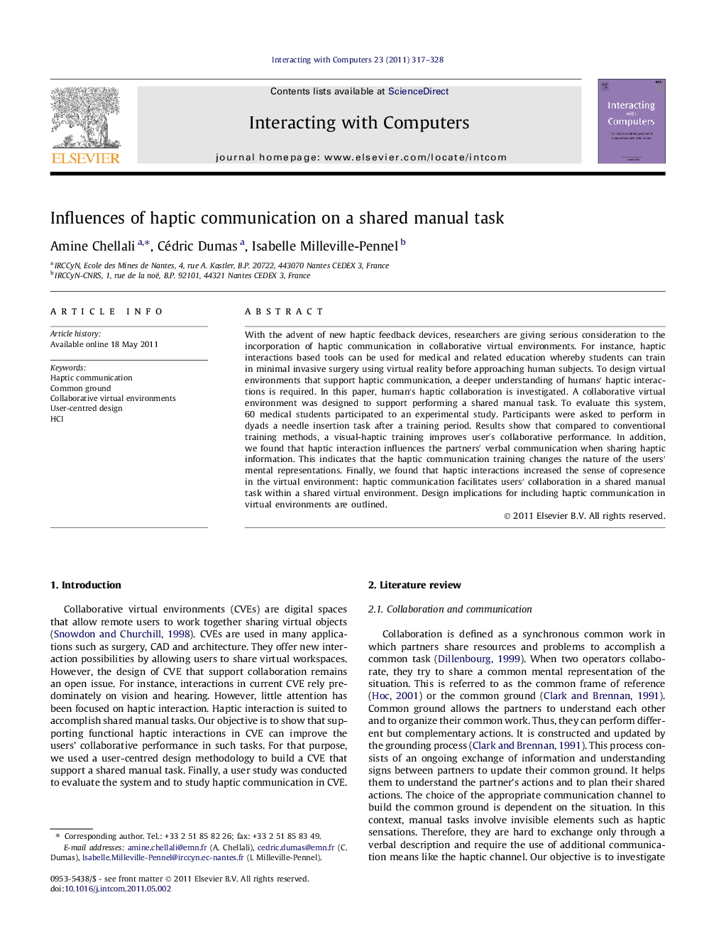 Influences of haptic communication on a shared manual task