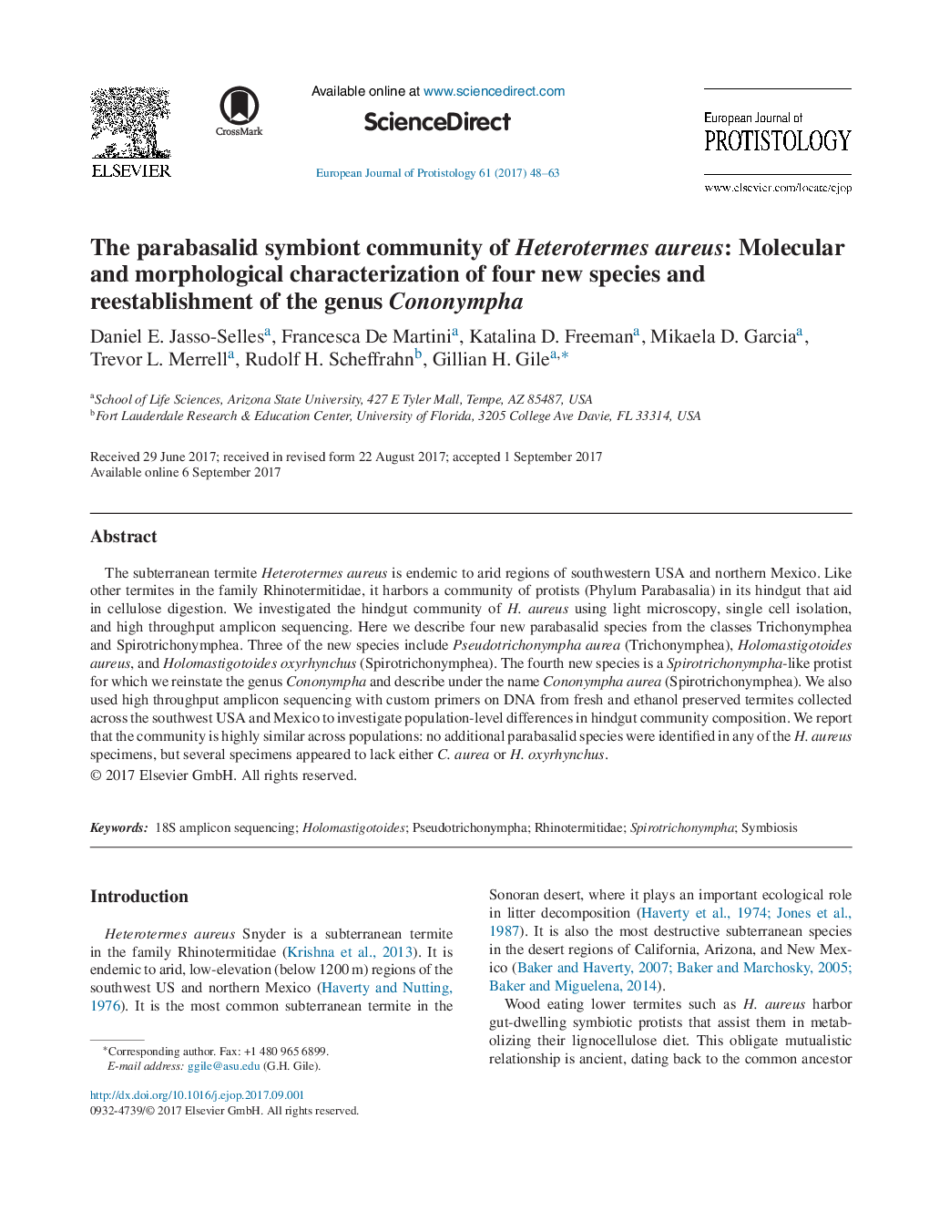 The parabasalid symbiont community of Heterotermes aureus: Molecular and morphological characterization of four new species and reestablishment of the genus Cononympha