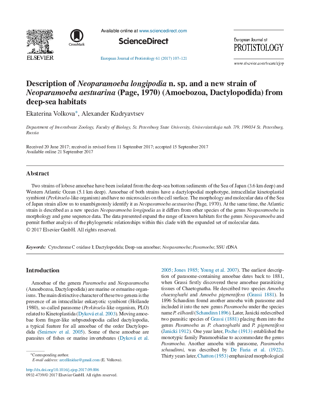 Description of Neoparamoeba longipodia n. sp. and a new strain of Neoparamoeba aestuarina (Page, 1970) (Amoebozoa, Dactylopodida) from deep-sea habitats