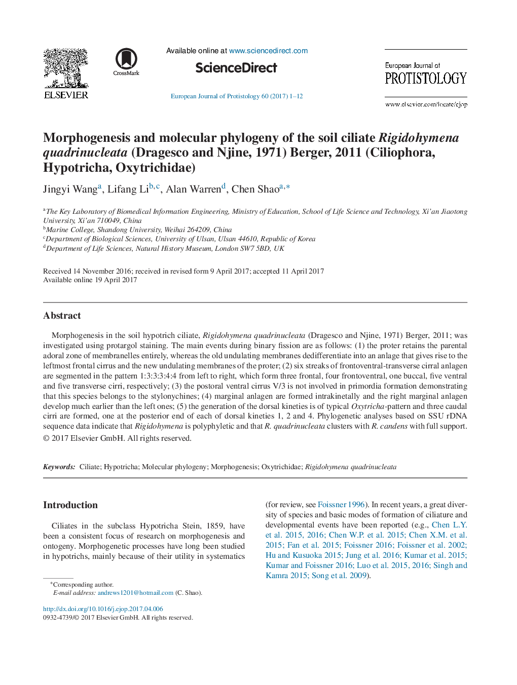 Morphogenesis and molecular phylogeny of the soil ciliate Rigidohymena quadrinucleata (Dragesco and Njine, 1971) Berger, 2011 (Ciliophora, Hypotricha, Oxytrichidae)