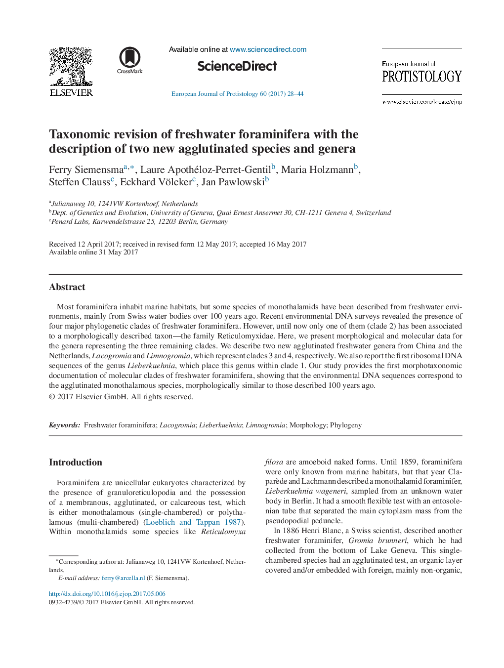 Taxonomic revision of freshwater foraminifera with the description of two new agglutinated species and genera