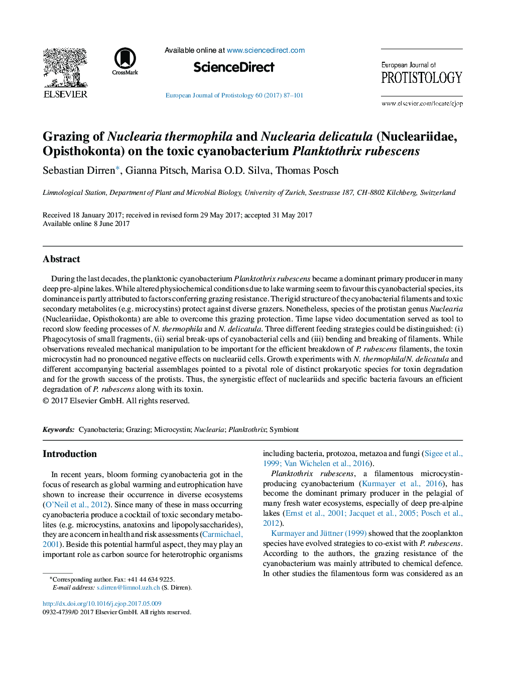 Grazing of Nuclearia thermophila and Nuclearia delicatula (Nucleariidae, Opisthokonta) on the toxic cyanobacterium Planktothrix rubescens