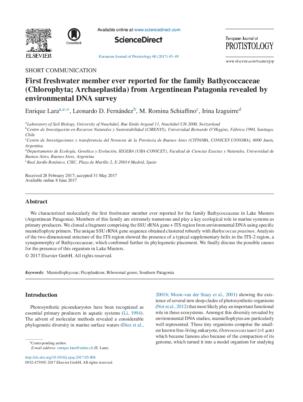 SHORT COMMUNICATIONFirst freshwater member ever reported for the family Bathycoccaceae (Chlorophyta; Archaeplastida) from Argentinean Patagonia revealed by environmental DNA survey