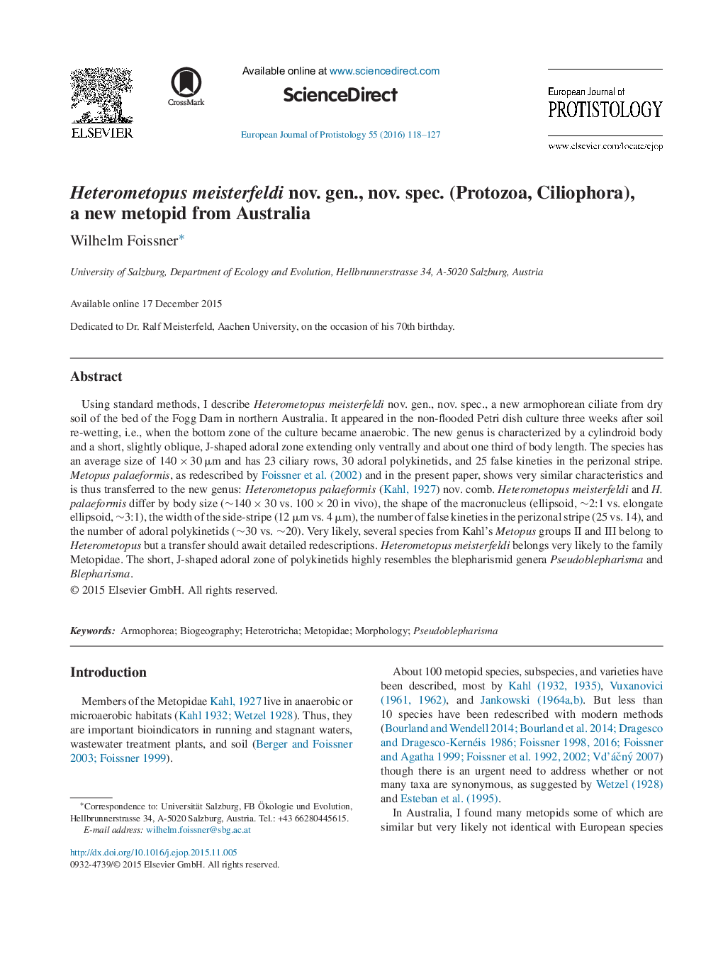 Heterometopus meisterfeldi nov. gen., nov. spec. (Protozoa, Ciliophora), a new metopid from Australia