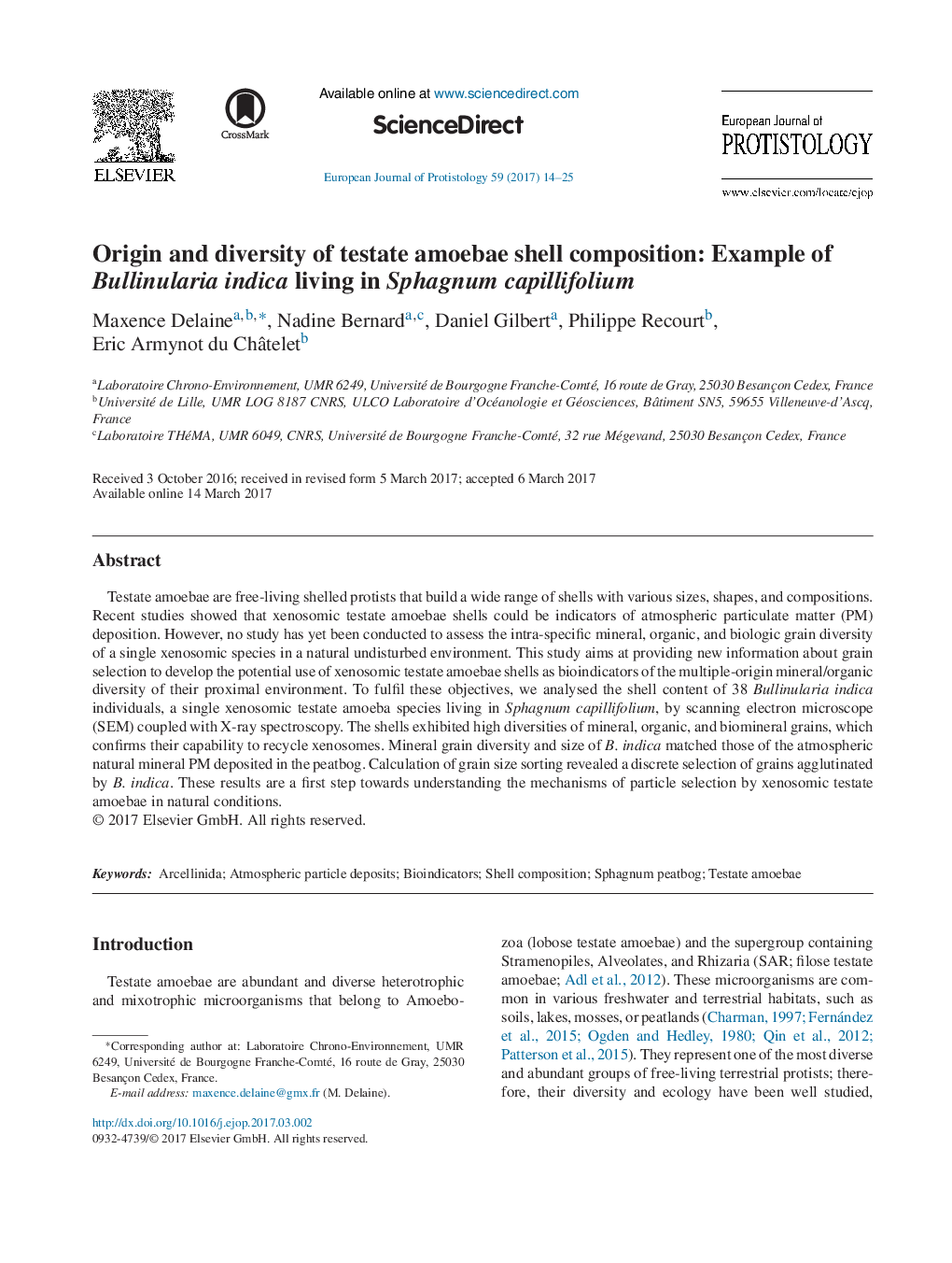 Origin and diversity of testate amoebae shell composition: Example of Bullinularia indica living in Sphagnum capillifolium