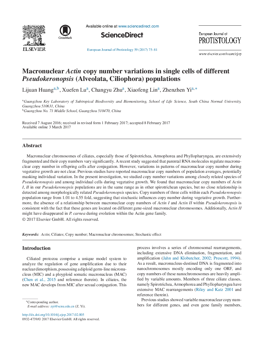 Macronuclear Actin copy number variations in single cells of different Pseudokeronopsis (Alveolata, Ciliophora) populations