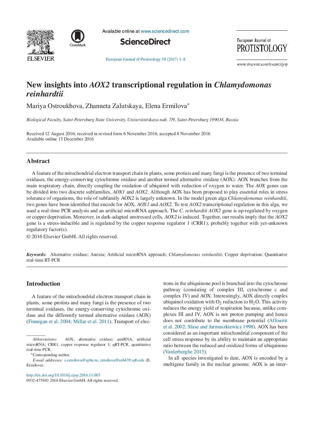 New insights into AOX2 transcriptional regulation in Chlamydomonas reinhardtii