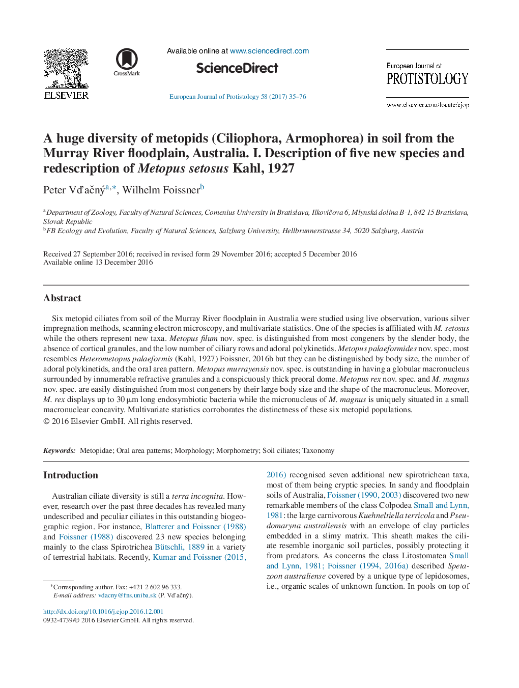 A huge diversity of metopids (Ciliophora, Armophorea) in soil from the Murray River floodplain, Australia. I. Description of five new species and redescription of Metopus setosus Kahl, 1927