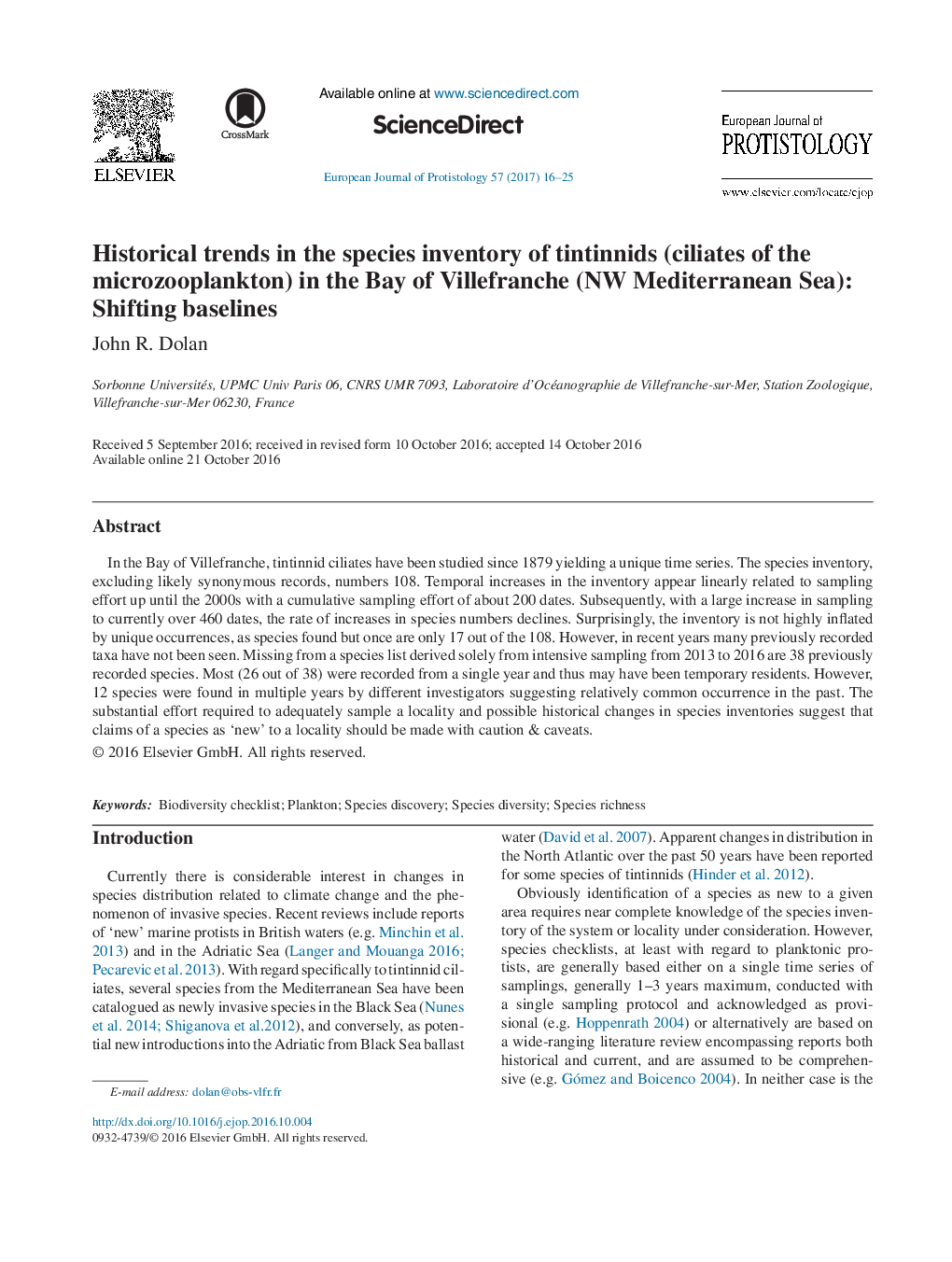 روندهای تاریخی موجودی گونه تینتنیدها (سیلابهای میکروزیوپلانکتون) در خلیج ویلفانچه (دریای مدیترانه): تغییرات پایه 