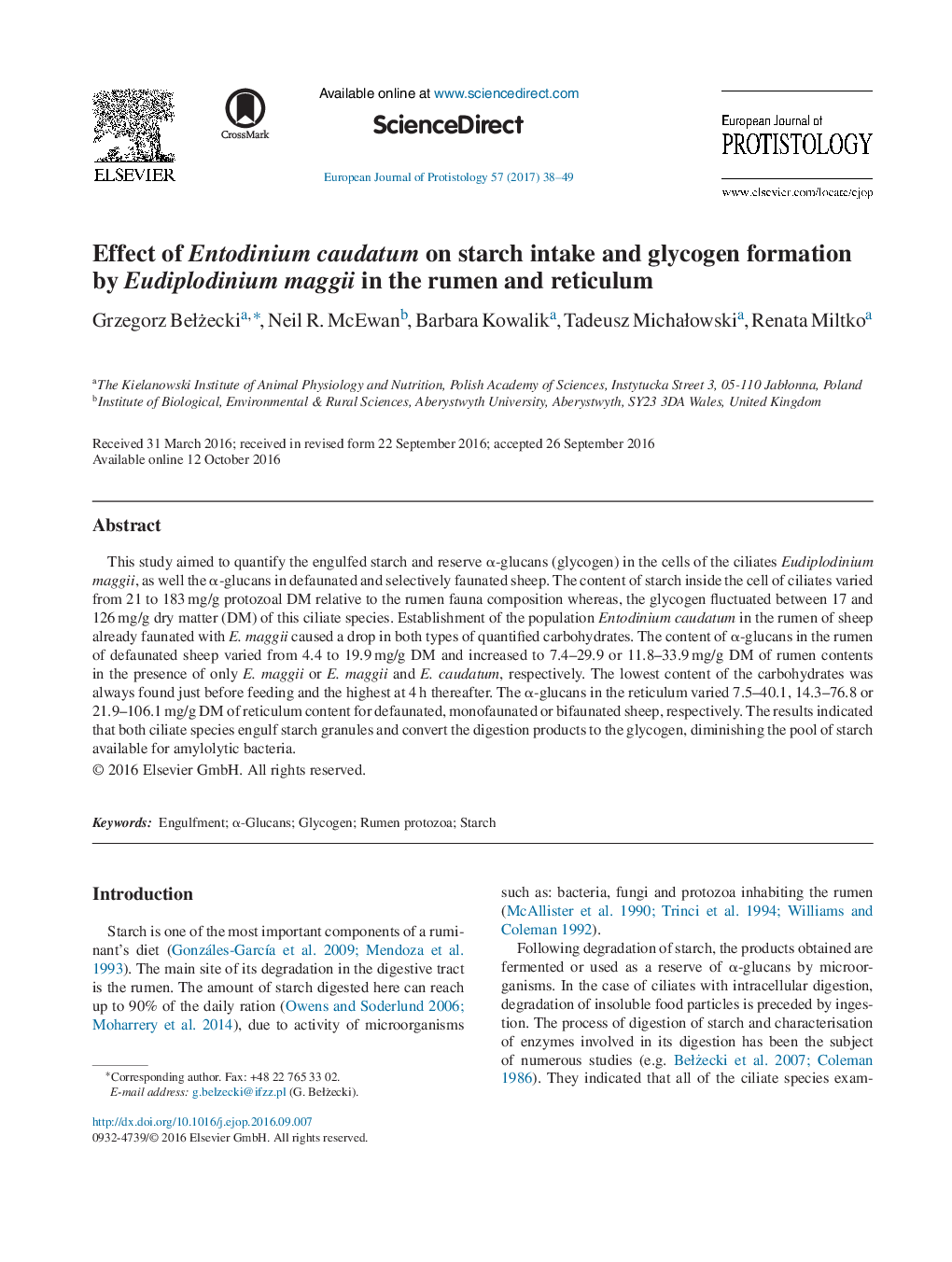 Effect of Entodinium caudatum on starch intake and glycogen formation by Eudiplodinium maggii in the rumen and reticulum