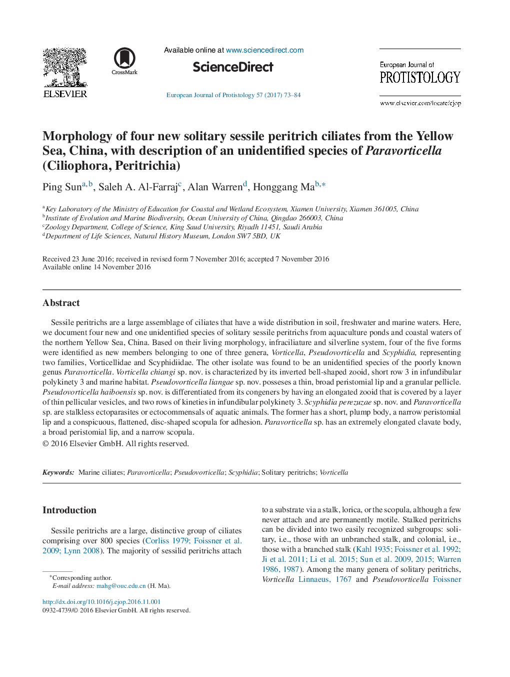 Morphology of four new solitary sessile peritrich ciliates from the Yellow Sea, China, with description of an unidentified species of Paravorticella (Ciliophora, Peritrichia)