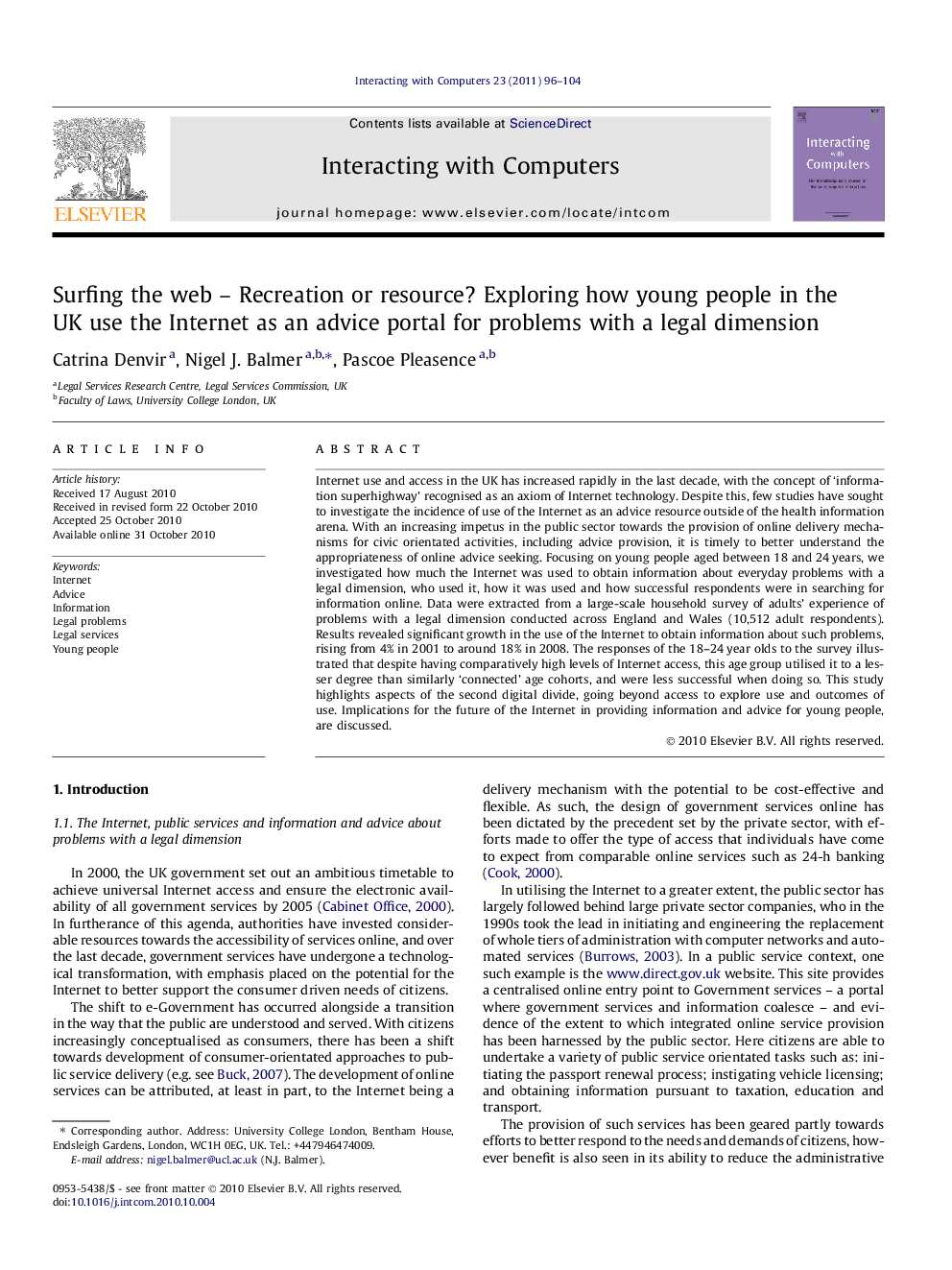 Surfing the web – Recreation or resource? Exploring how young people in the UK use the Internet as an advice portal for problems with a legal dimension