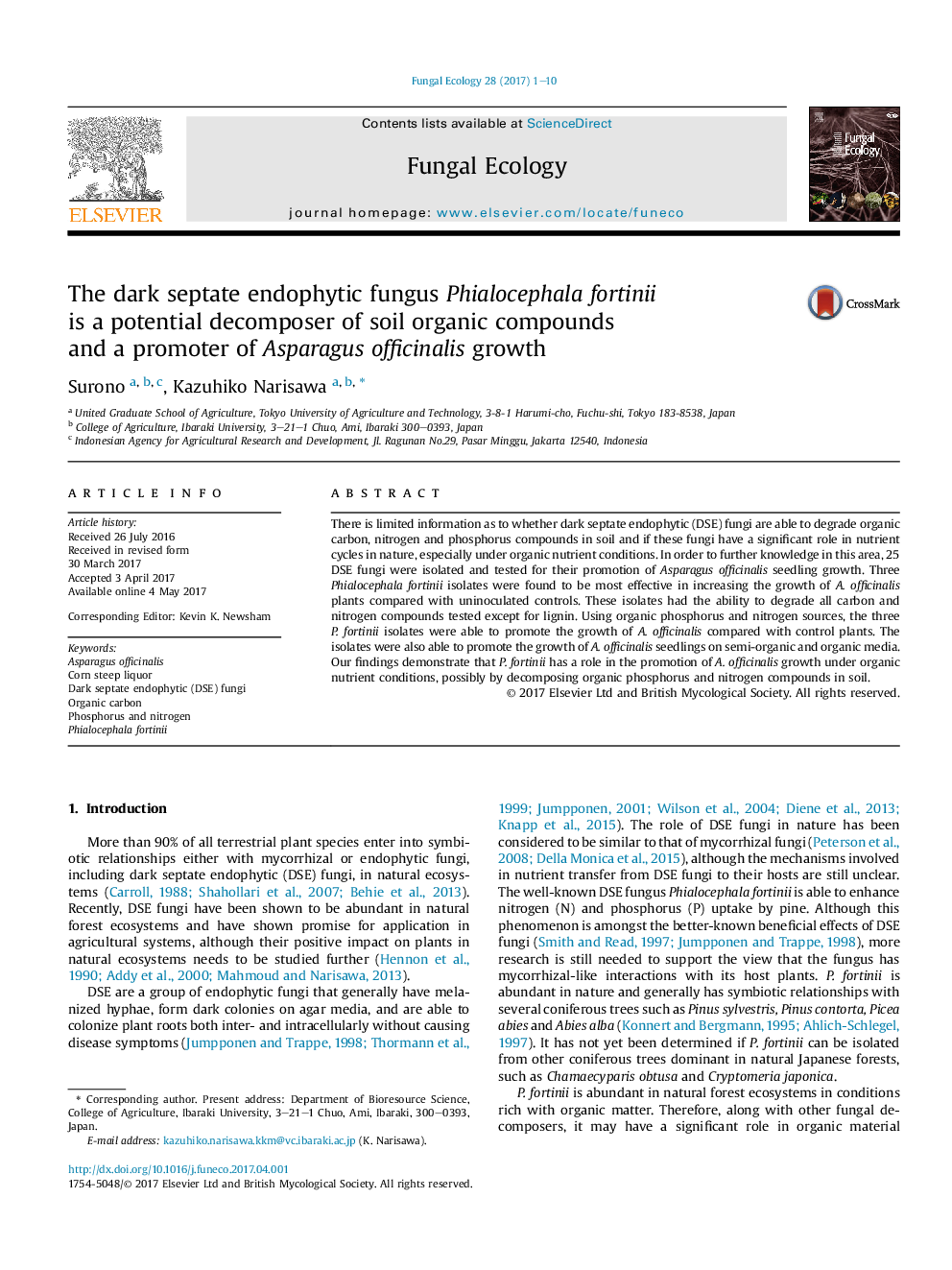 The dark septate endophytic fungus Phialocephala fortinii isÂ aÂ potentialÂ decomposer of soil organic compounds andÂ aÂ promoterÂ of Asparagus officinalis growth