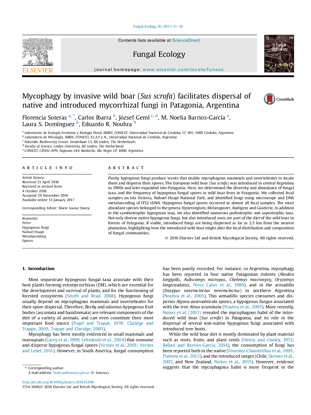 Mycophagy by invasive wild boar (Sus scrofa) facilitates dispersal of native and introduced mycorrhizal fungi in Patagonia, Argentina