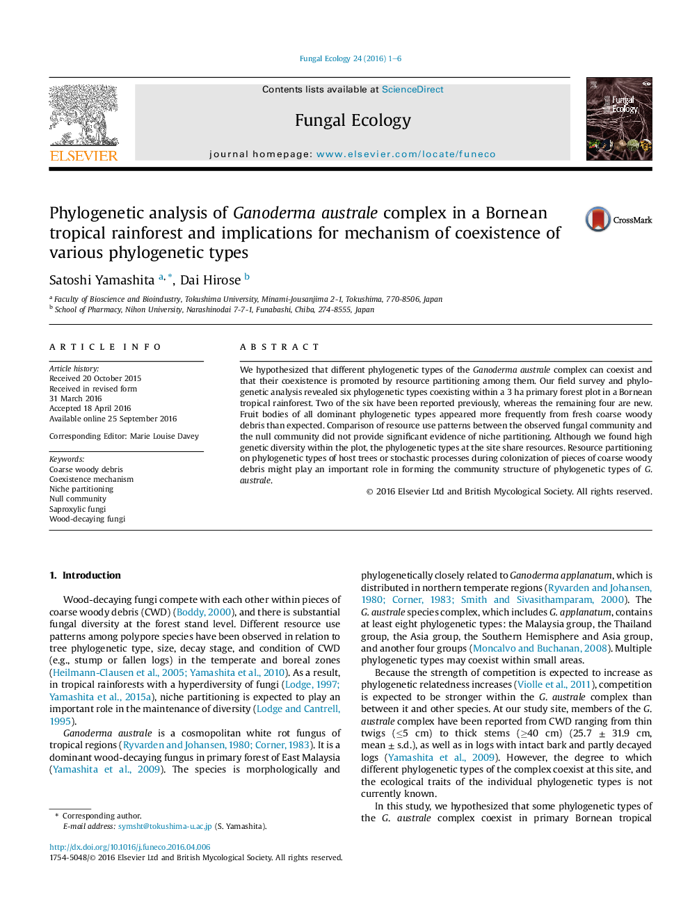 Phylogenetic analysis of Ganoderma australe complex in a Bornean tropical rainforest and implications for mechanism of coexistence of various phylogenetic types