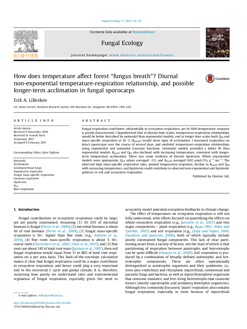 How does temperature affect forest “fungus breath”? Diurnal non-exponential temperature-respiration relationship, and possible longer-term acclimation in fungal sporocarps