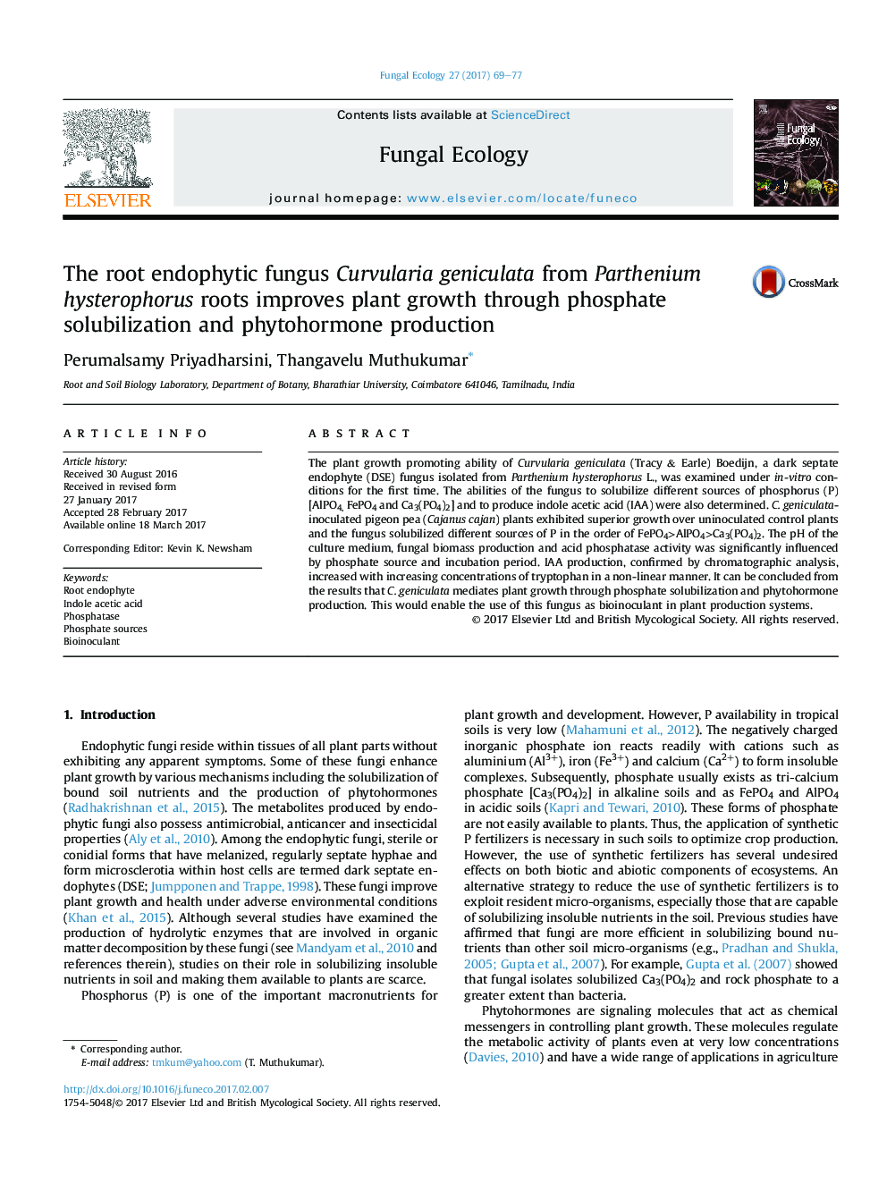 The root endophytic fungus Curvularia geniculata from Parthenium hysterophorus roots improves plant growth through phosphate solubilization and phytohormone production