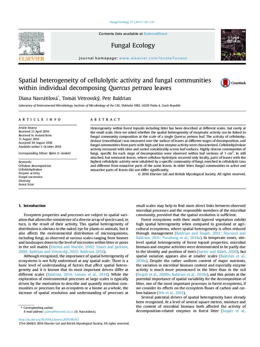 Spatial heterogeneity of cellulolytic activity and fungal communities within individual decomposing Quercus petraea leaves