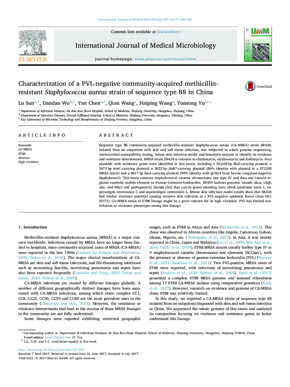 Characterization of a PVL-negative community-acquired methicillin-resistant Staphylococcus aureus strain of sequence type 88 in China