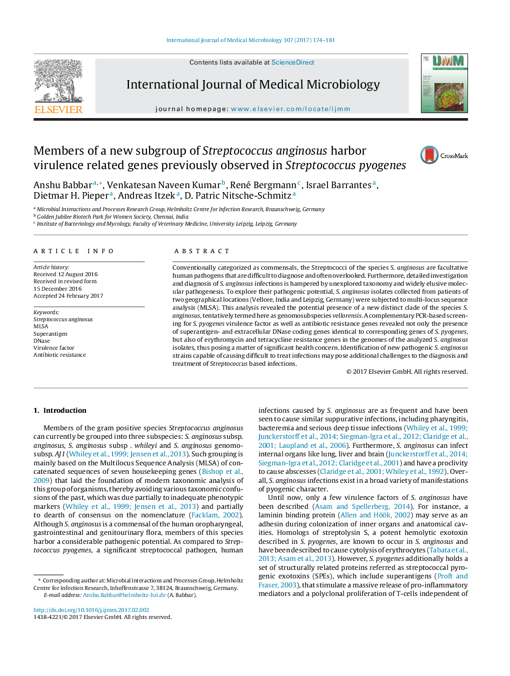 عکس صفحه اول مقاله: Members of a new subgroup of Streptococcus anginosus harbor virulence related genes previously observed in Streptococcus pyogenes Members of a new subgroup of Streptococcus anginosus harbor virulence related genes previously observed in Streptococcus pyogenes