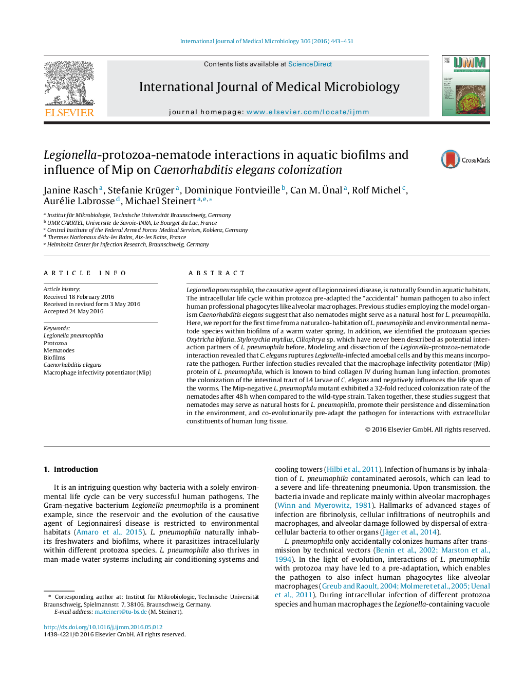 Legionella-protozoa-nematode interactions in aquatic biofilms and influence of Mip on Caenorhabditis elegans colonization