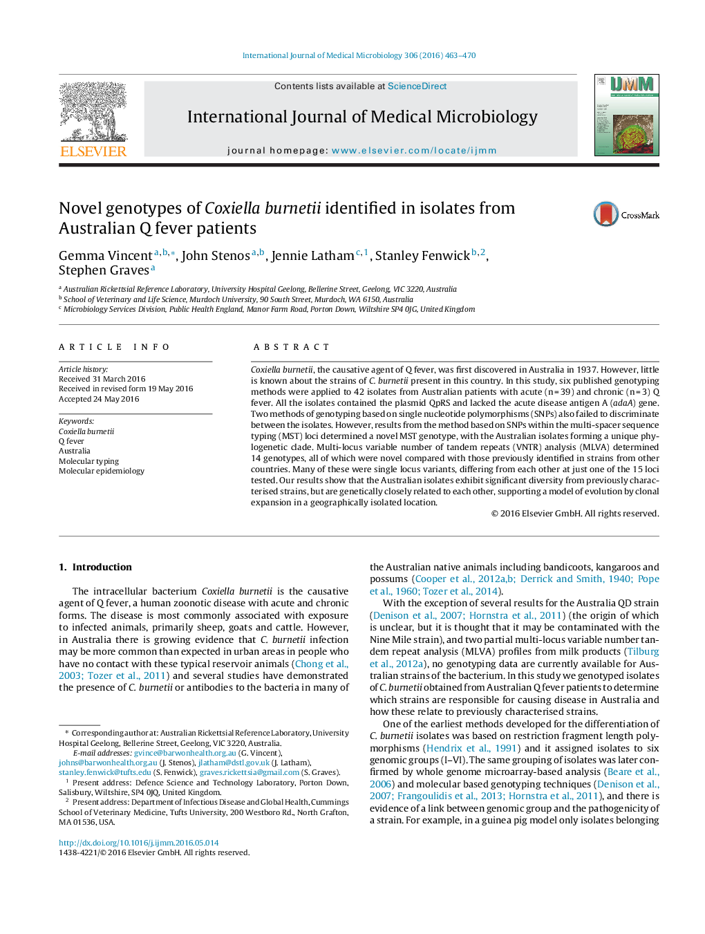 Novel genotypes of Coxiella burnetii identified in isolates from Australian Q fever patients