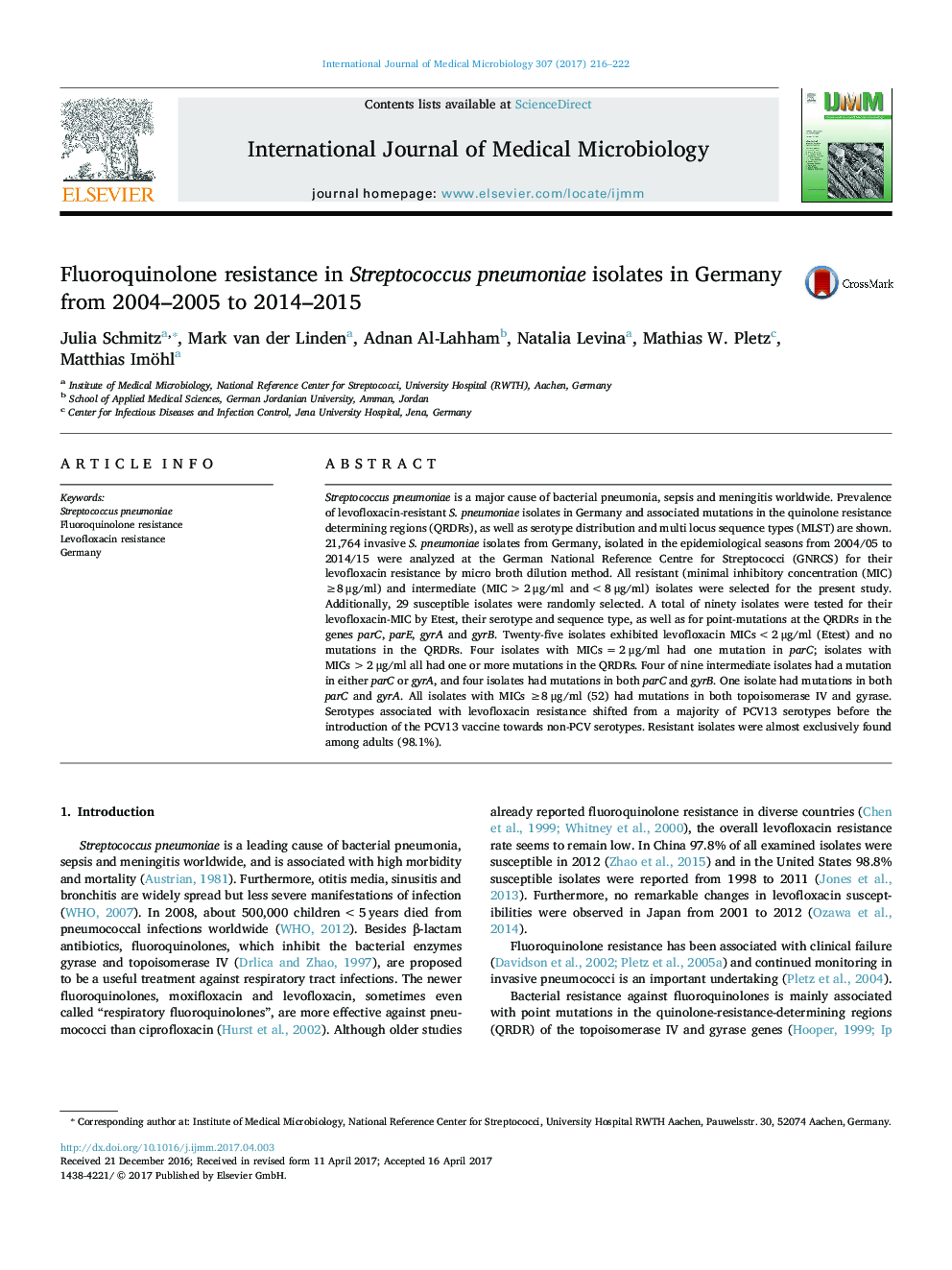 Fluoroquinolone resistance in Streptococcus pneumoniae isolates in Germany from 2004-2005 to 2014-2015