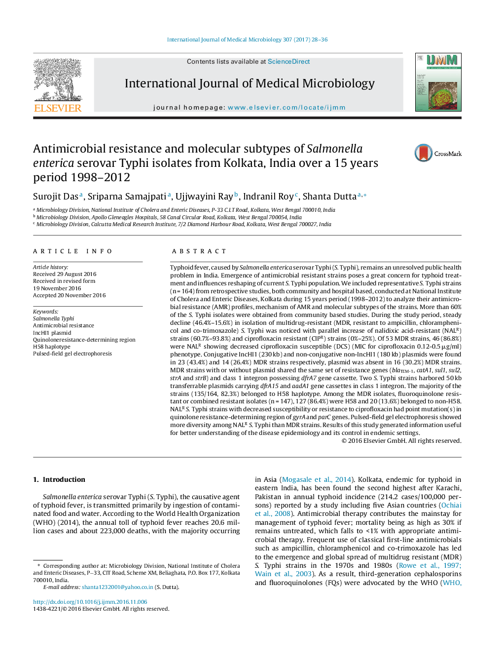 Antimicrobial resistance and molecular subtypes of Salmonella enterica serovar Typhi isolates from Kolkata, India over a 15 years period 1998-2012