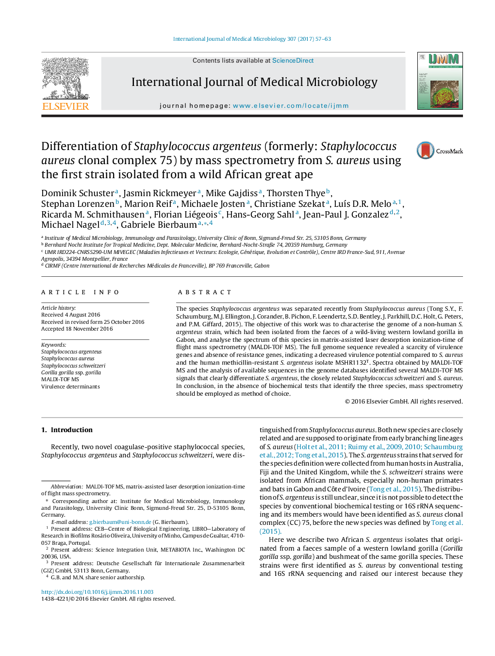 Differentiation of Staphylococcus argenteus (formerly: Staphylococcus aureus clonal complex 75) by mass spectrometry from S. aureus using the first strain isolated from a wild African great ape