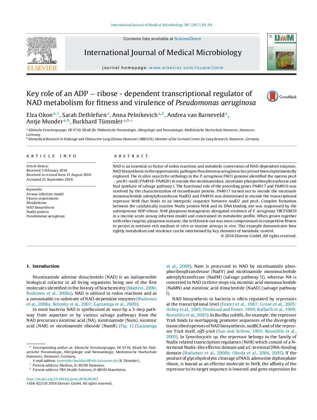 Key role of an ADP â ribose - dependent transcriptional regulator of NAD metabolism for fitness and virulence of Pseudomonas aeruginosa