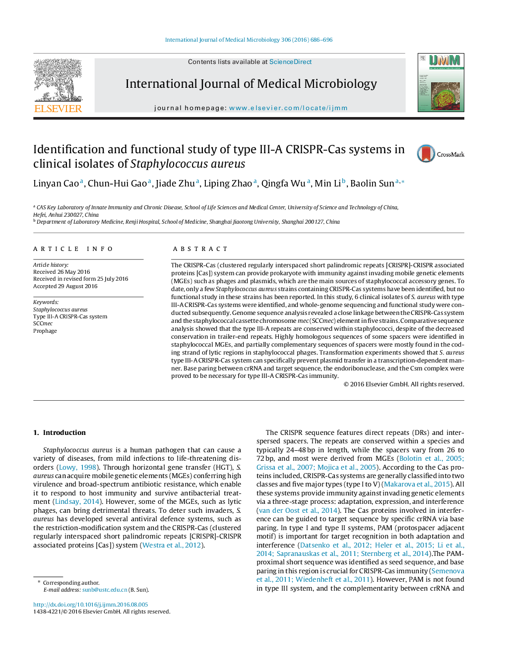 Identification and functional study of type III-A CRISPR-Cas systems in clinical isolates of Staphylococcus aureus