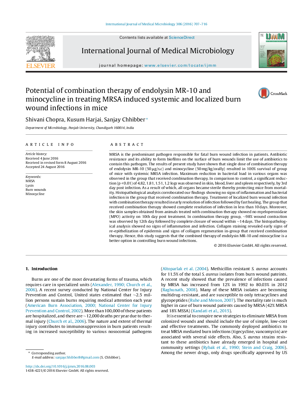 Potential of combination therapy of endolysin MR-10 and minocycline in treating MRSA induced systemic and localized burn wound infections in mice